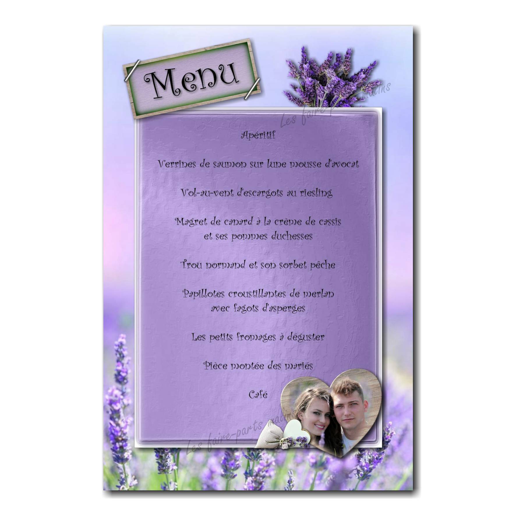 Carte de menu mariage violet sur le thème diamant