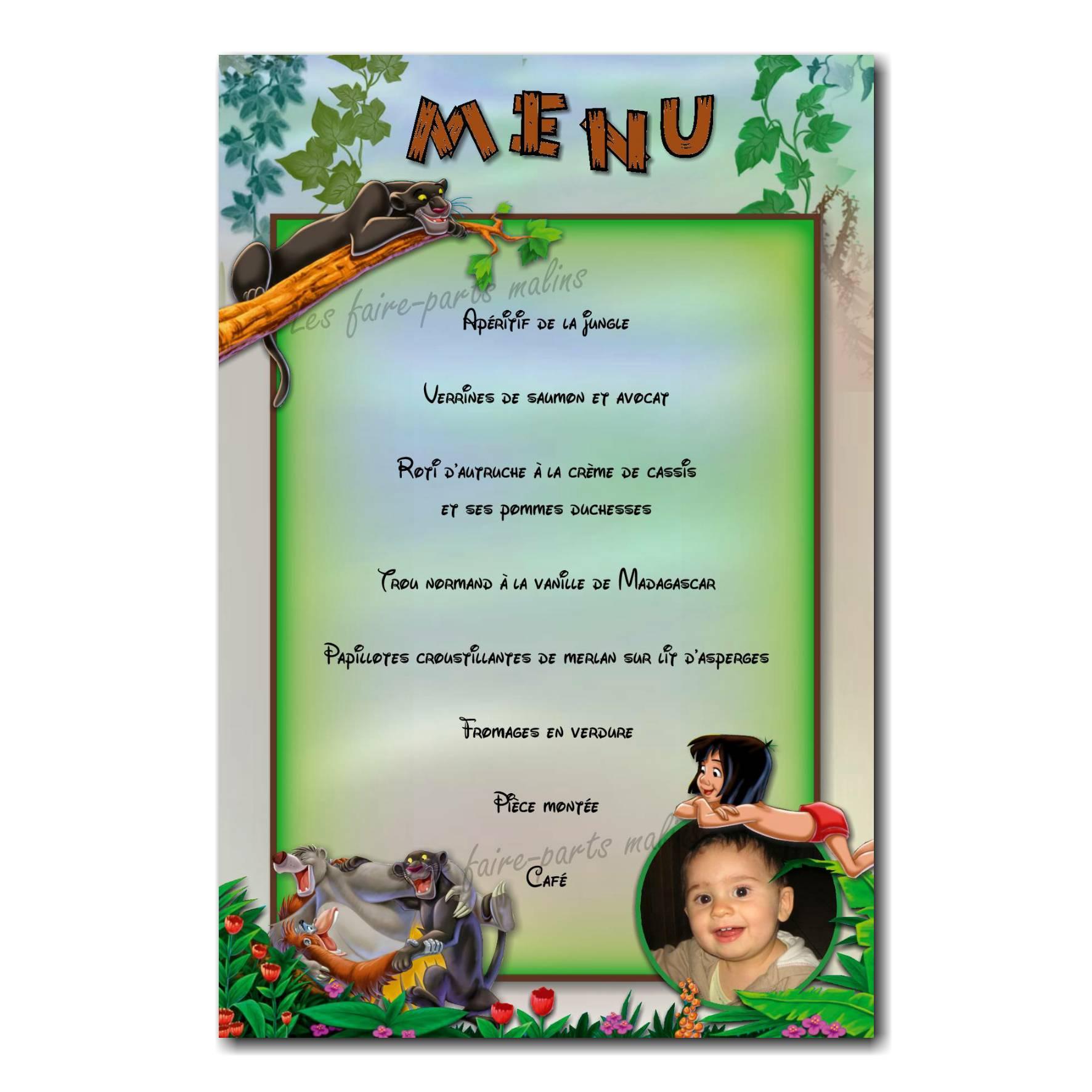 Carte de menu garçon sur le thème du livre de la jungle